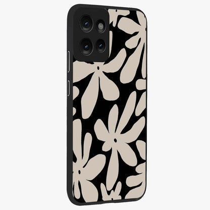 Monochrome Petal Dance Glass Case upright view showcasing artistic floral pattern with stylish monochrome theme.