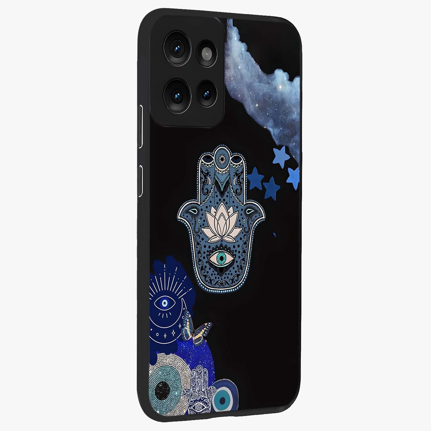 Mystic Hand Aura Glass Case upright view showcasing symbolic hand artwork with mystical energy theme.