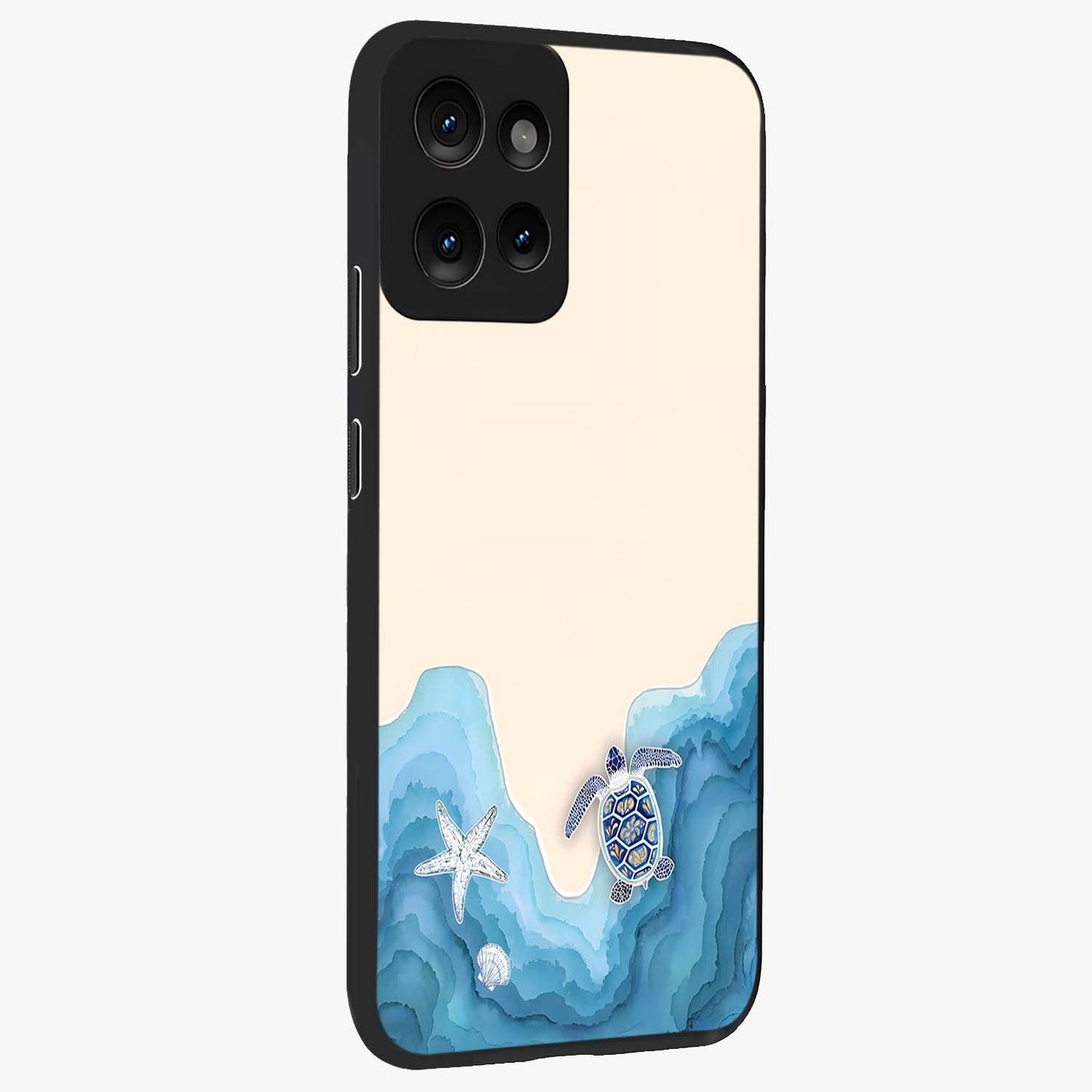 Ocean Drift Turtle Glass Case upright view showcasing calm underwater turtle artwork with nature inspired theme.