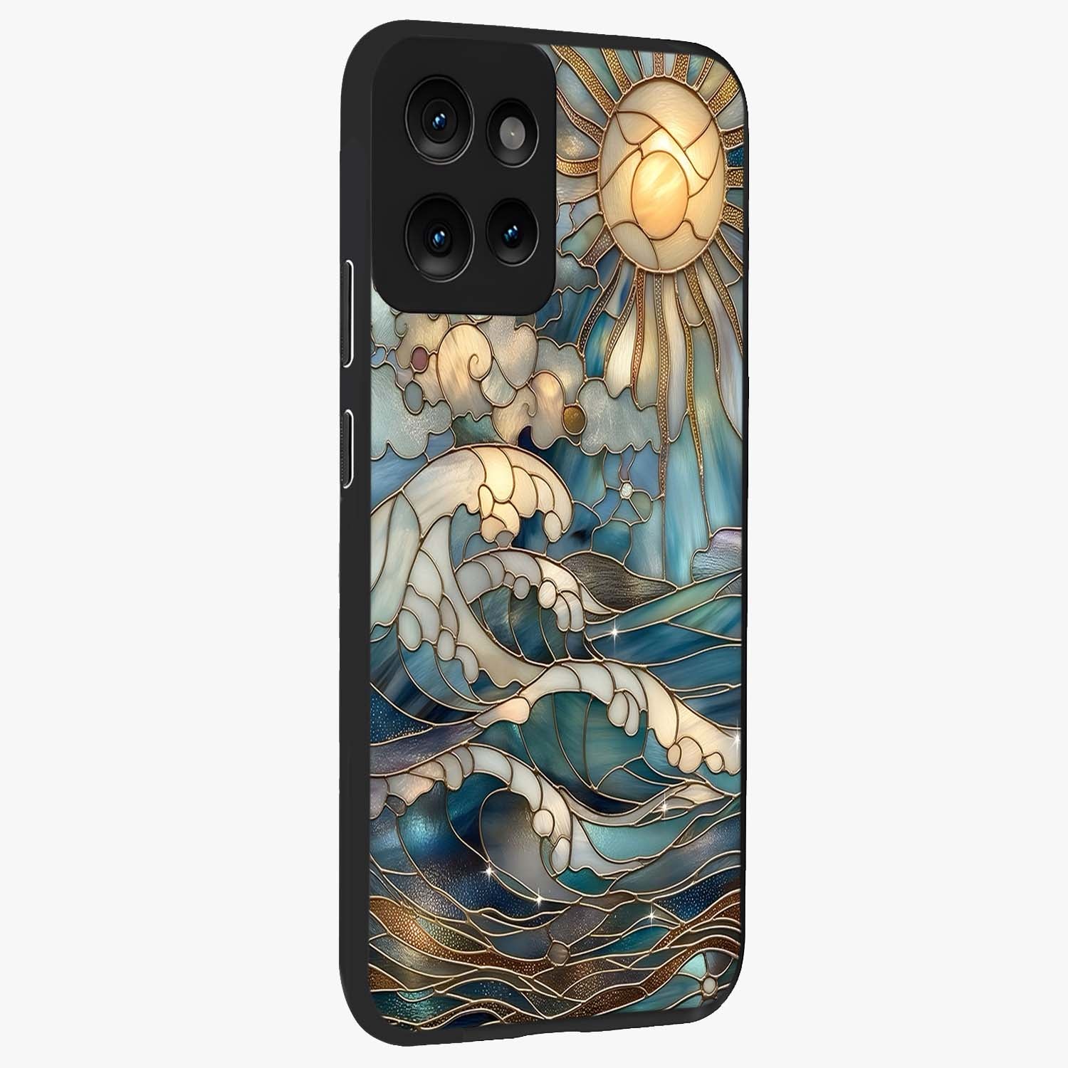 Oceanic Stained Printed Glass Case upright view showcasing decorative ocean pattern artwork with vibrant marine theme.