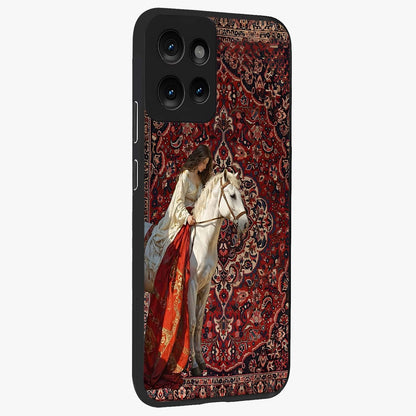 Royal Rider Tapestry Glass Case upright view showcasing detailed rider artwork with classic tapestry theme.