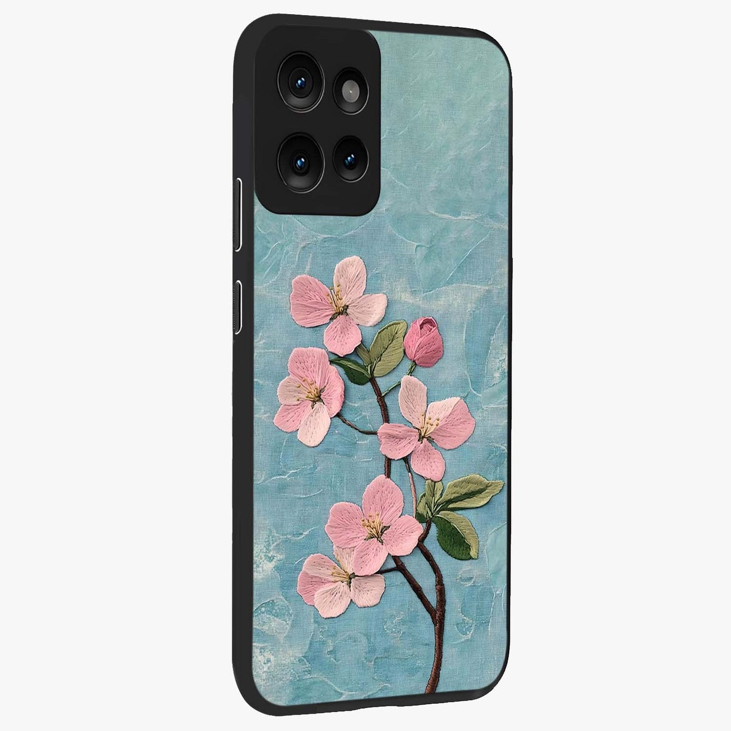 Threaded Blossom Breeze Glass Case upright view showcasing graceful flower artwork with calm botanical theme.