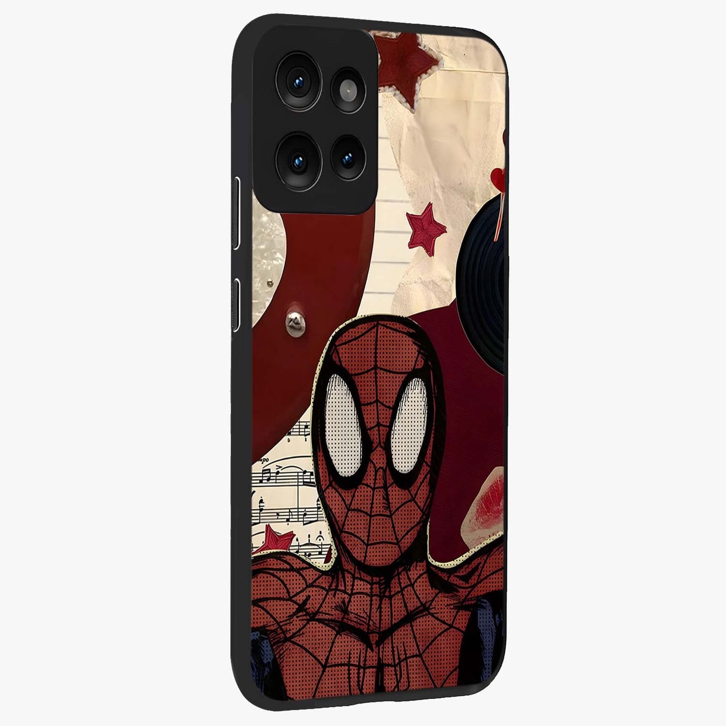 Web Warrior Vibes Glass Case upright view showcasing energetic superhero artwork with bold action theme.