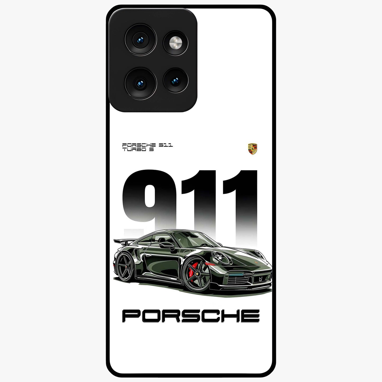 911 Turbo Dominance Glass Case showing clean flat back view with bold 911 sports car artwork and glossy glass finish.