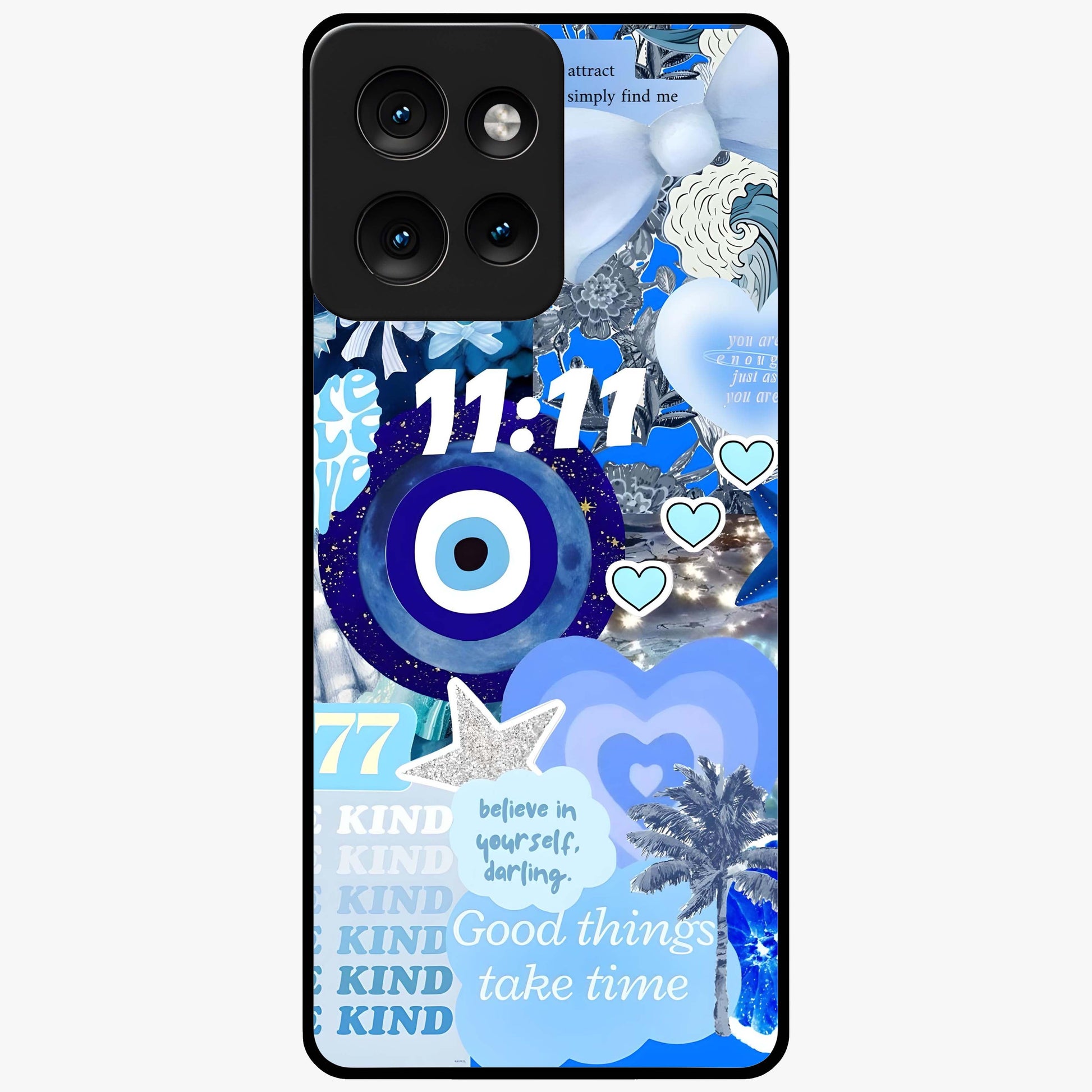 Aesthetic Be Kind Eye Glass Case showing flat back view with motivational eye artwork and glossy glass finish.