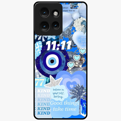 Aesthetic Be Kind Eye Glass Case showing flat back view with motivational eye artwork and glossy glass finish.