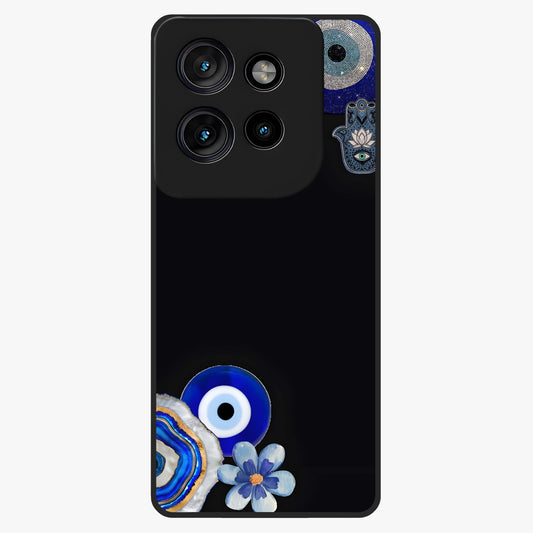 Aesthetic Blue Evil Eye Glass Case showing flat back view with protective evil eye artwork and glossy glass finish.
