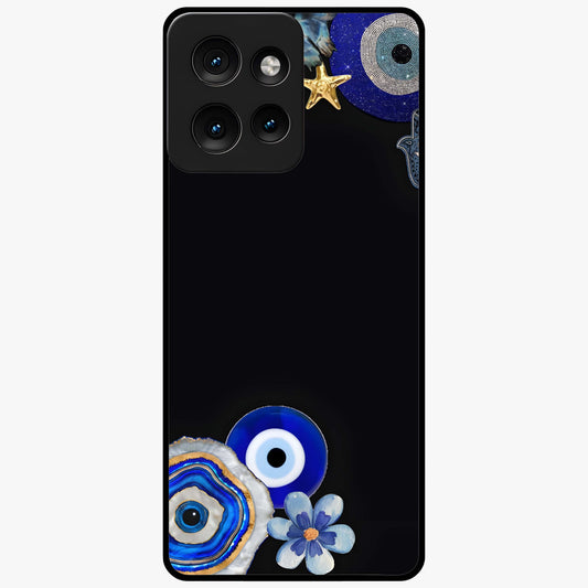 Aesthetic Blue Evil Eye Glass Case showing flat back view with protective evil eye artwork and glossy glass finish.