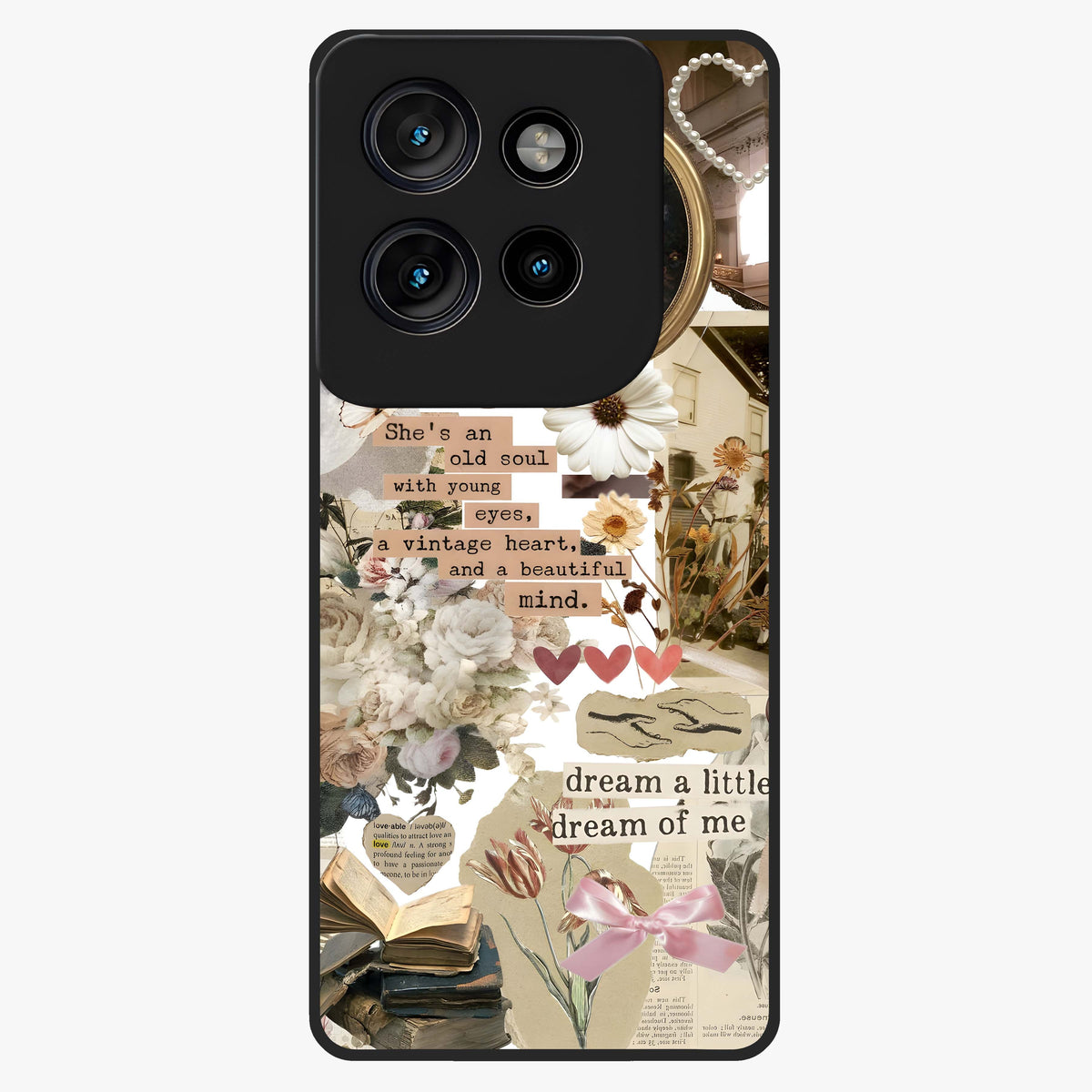 Aesthetic Brown Vintage Collage Glass Case showing flat back view with retro collage artwork and glossy glass finish.