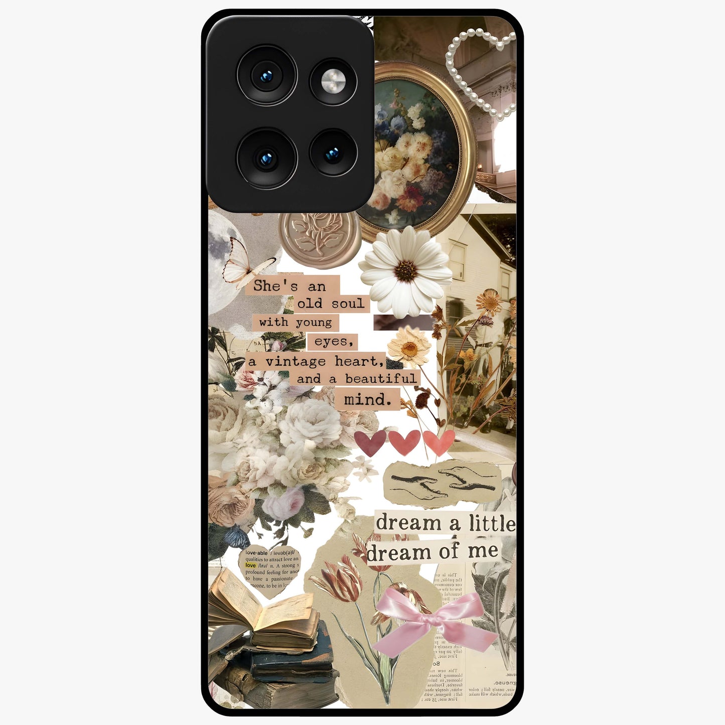 Aesthetic Brown Vintage Collage Glass Case showing flat back view with retro collage artwork and glossy glass finish.