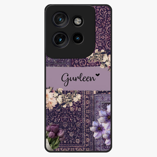 Antique Floral Whisper Custom Name Glass Case showing flat back view with vintage floral artwork and personalized name design.