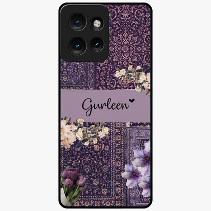 Antique Floral Whisper Custom Name Glass Case showing flat back view with vintage floral artwork and personalized name design.