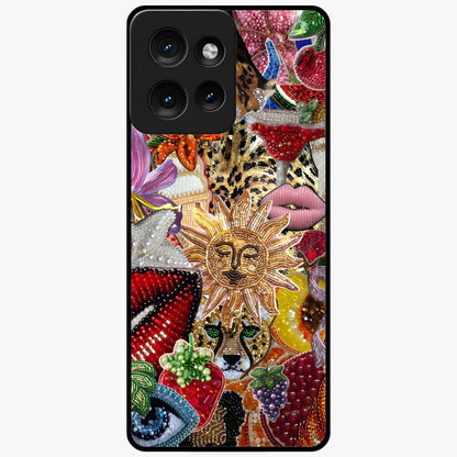 Beaded Fashion Jungle Glass Case showing flat back view with vibrant jungle inspired bead artwork and glossy glass finish.