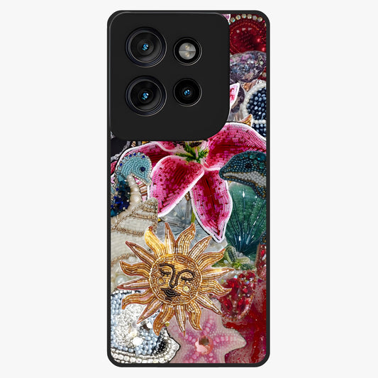 Beaded Garden Fantasy Glass Case showing flat back view with dreamy garden bead artwork and glossy glass finish.