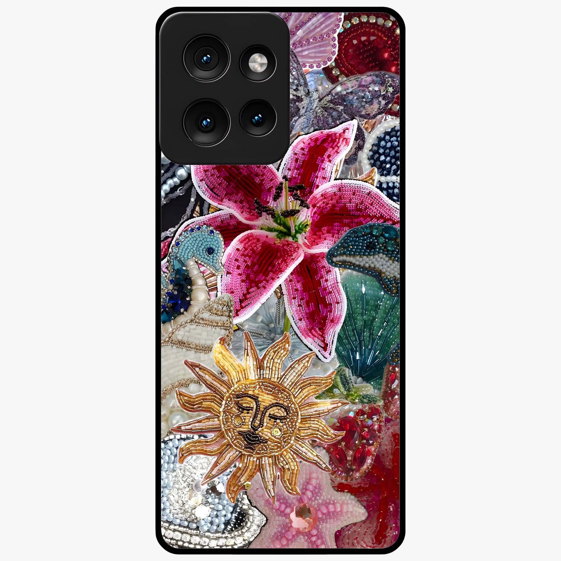 Beaded Garden Fantasy Glass Case showing flat back view with dreamy garden bead artwork and glossy glass finish.