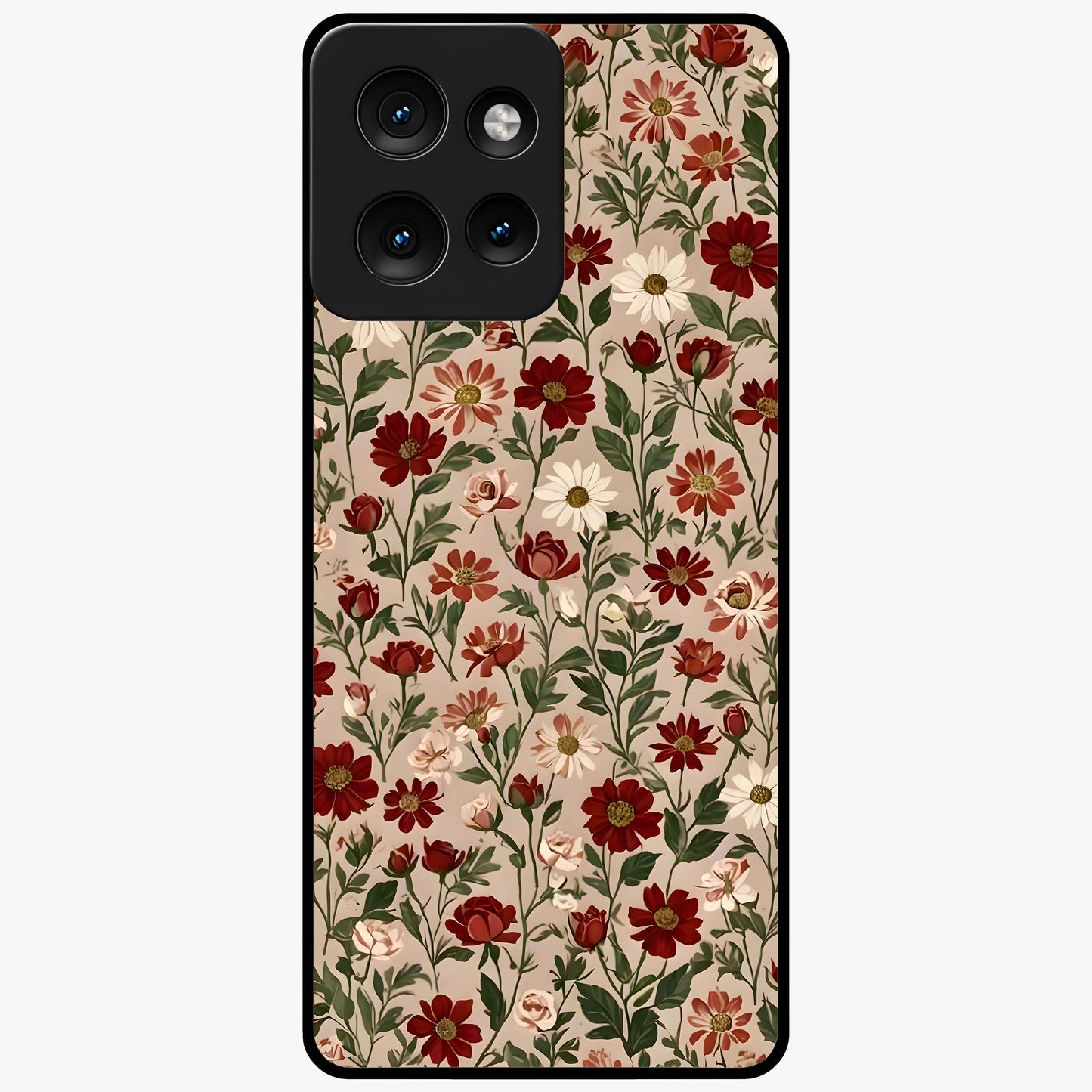 Biege Flower With Leaf Glass Case showing flat back view with soft beige floral artwork and glossy glass finish.