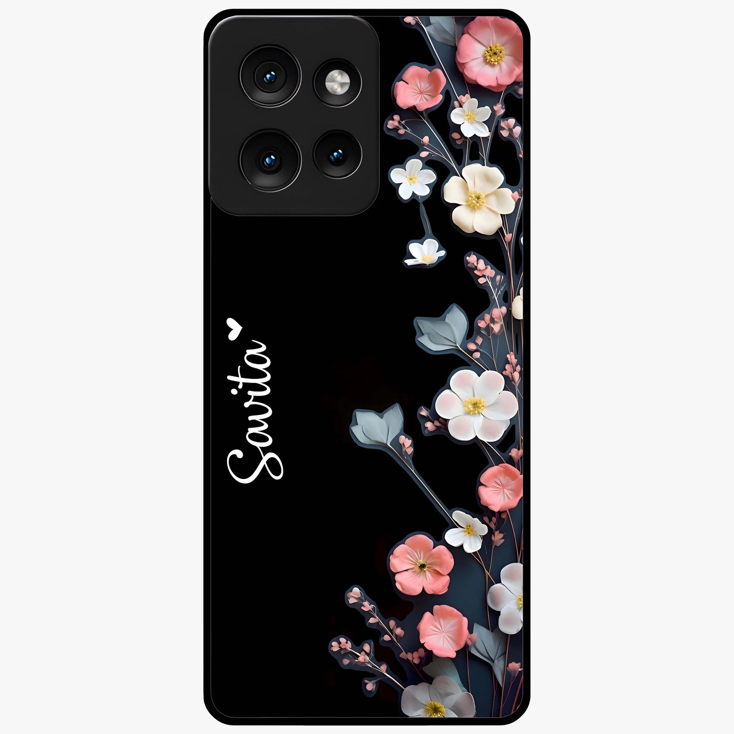 Black Elegance Floral Custom Name Glass Case showing flat back view with elegant floral artwork and personalized name design.
