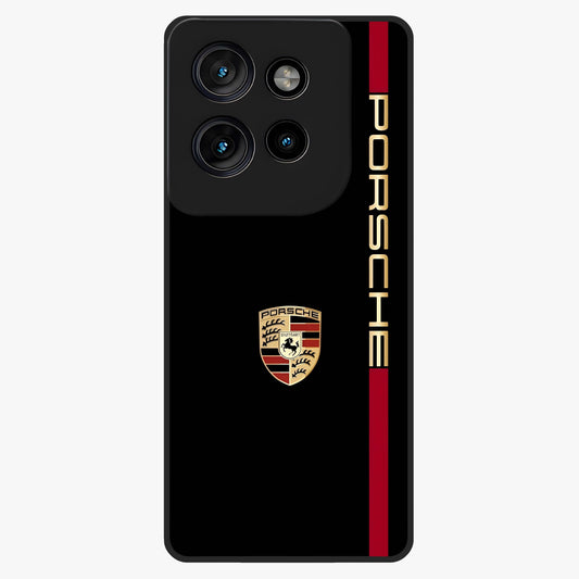 Black Minimal Porsche Glass Case showing flat back view with sleek minimal sports car artwork and glossy glass finish.