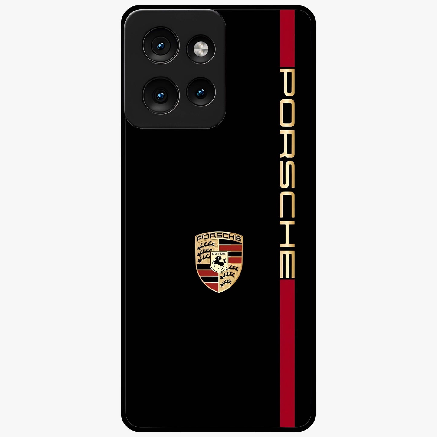Black Minimal Porsche Glass Case showing flat back view with sleek minimal sports car artwork and glossy glass finish.