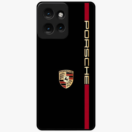 Black Minimal Porsche Glass Case showing flat back view with sleek minimal sports car artwork and glossy glass finish.