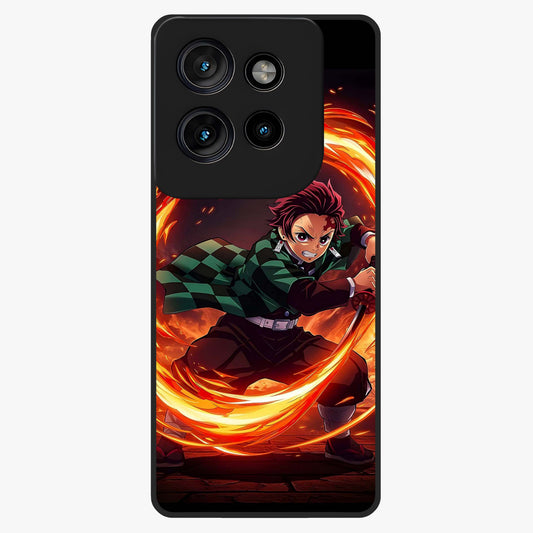 Blazing Sword Resolve Glass Case showing flat back view with fiery sword artwork and glossy glass finish.