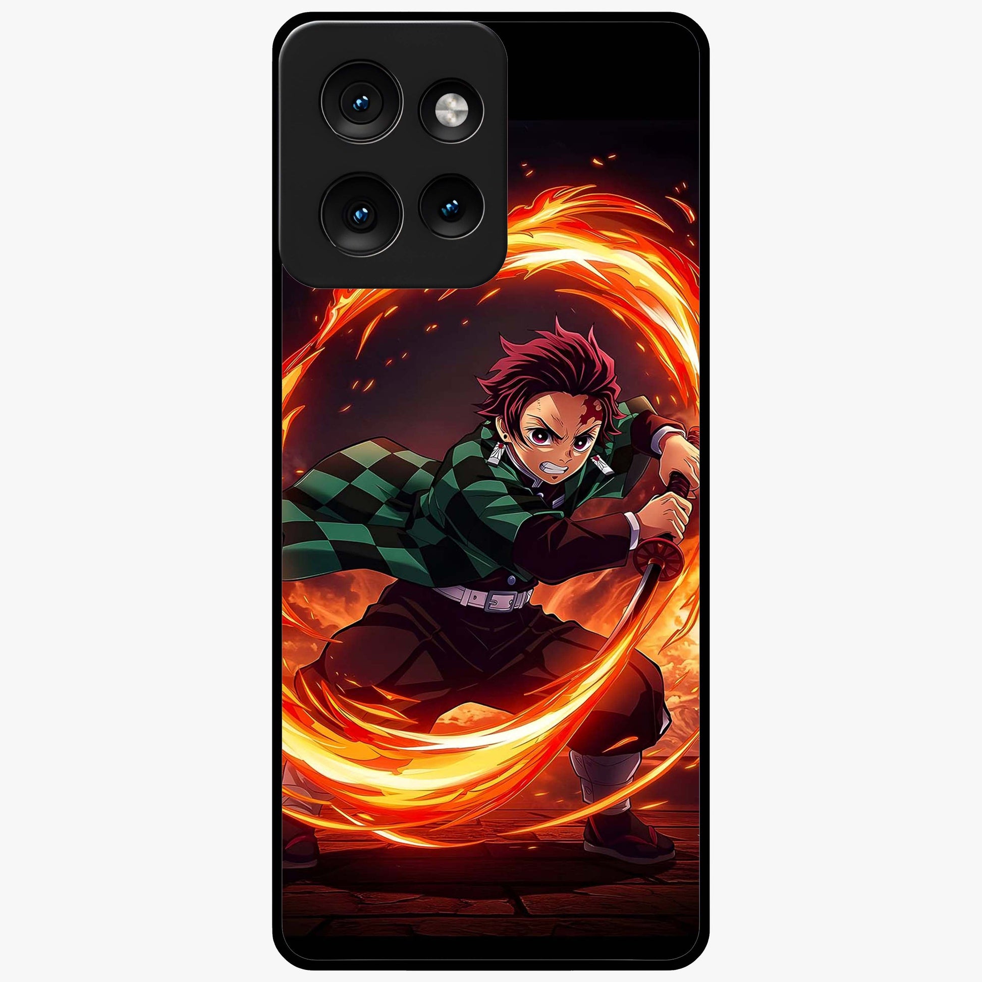 Blazing Sword Resolve Glass Case showing flat back view with fiery sword artwork and glossy glass finish.