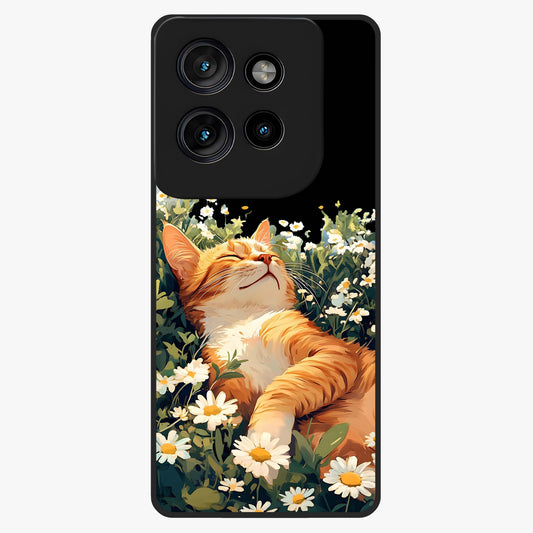 Blissful Bloom Cat Glass Case showing flat back view with cute cat and floral bloom artwork and glossy glass finish.