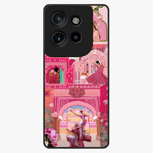 Blossoms of Rajasthan Glass Case showing flat back view with traditional floral artwork inspired by Rajasthan and glossy glass finish.