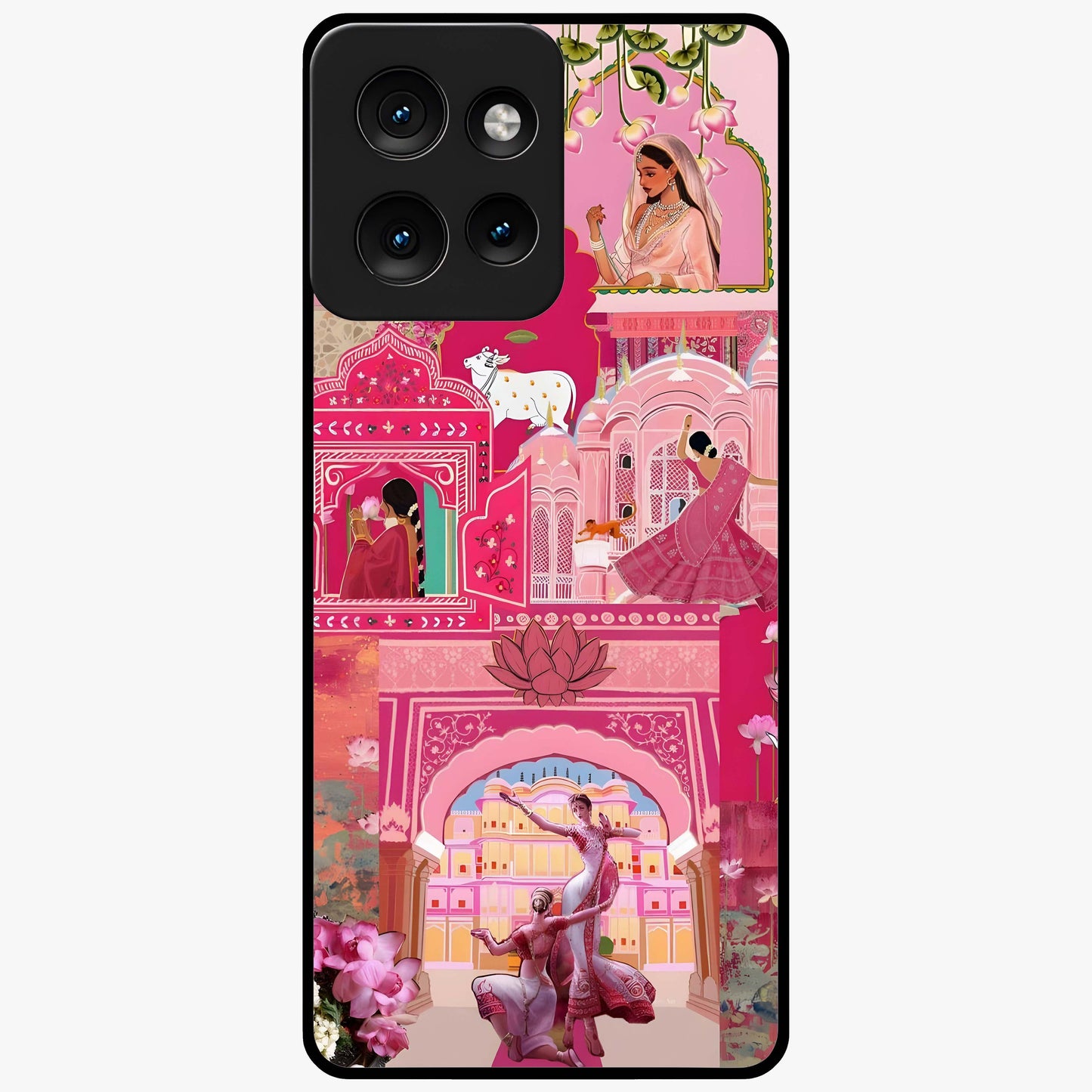 Blossoms of Rajasthan Glass Case showing flat back view with traditional floral artwork inspired by Rajasthan and glossy glass finish.