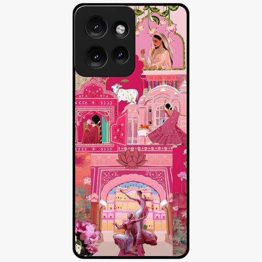 Blossoms of Rajasthan Glass Case showing flat back view with traditional floral artwork inspired by Rajasthan and glossy glass finish.