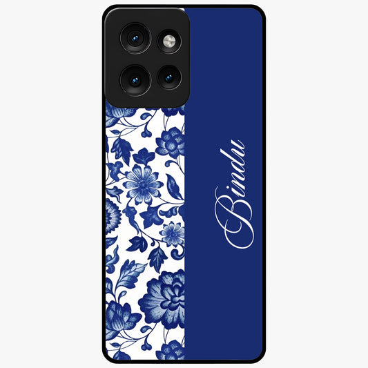 Blue Vintage Floral Pattern Glass Case upright view showcasing timeless floral illustration with vintage inspired style.