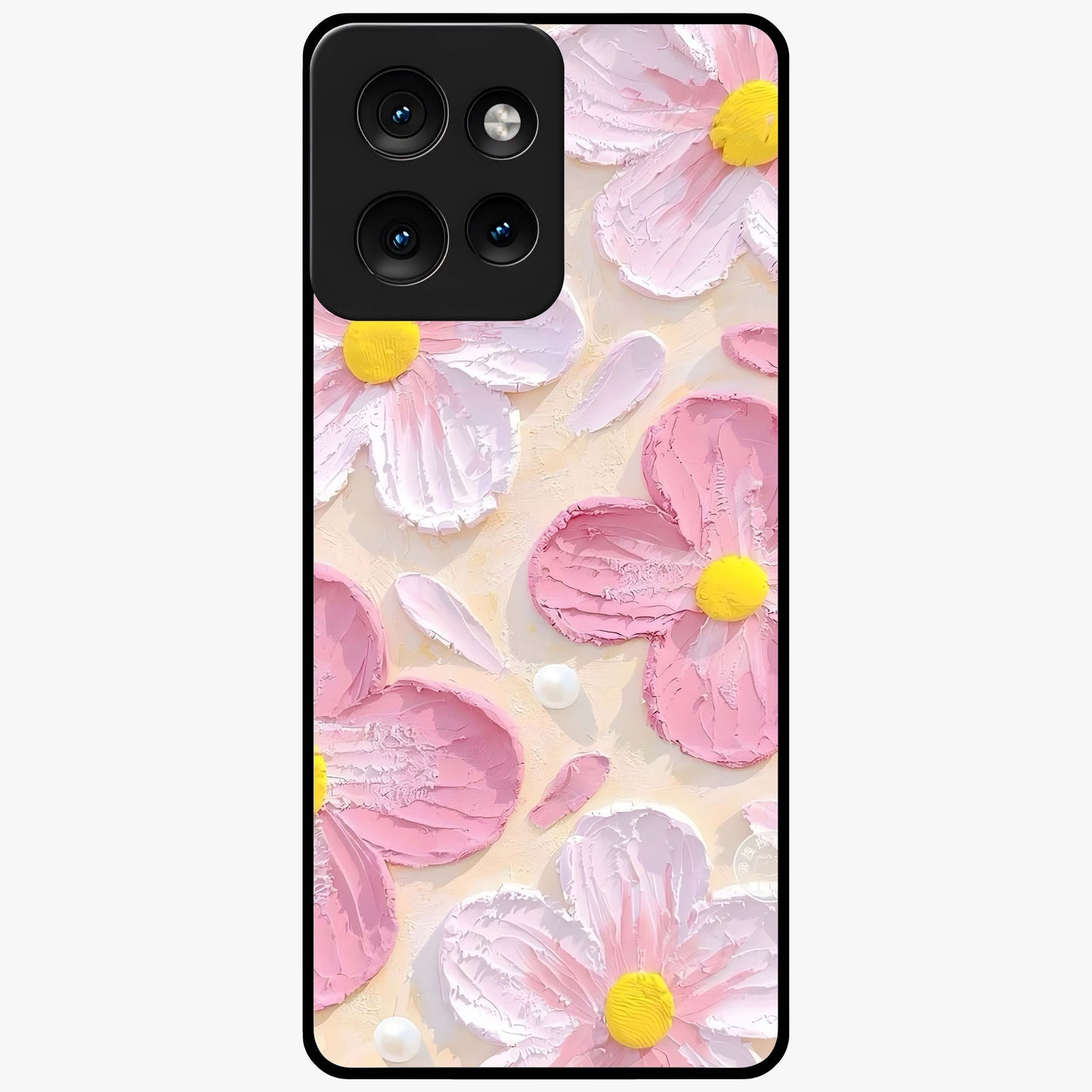 Blush Bloom Texture Glass Case showing flat back view with soft blush floral texture artwork and glossy glass finish.