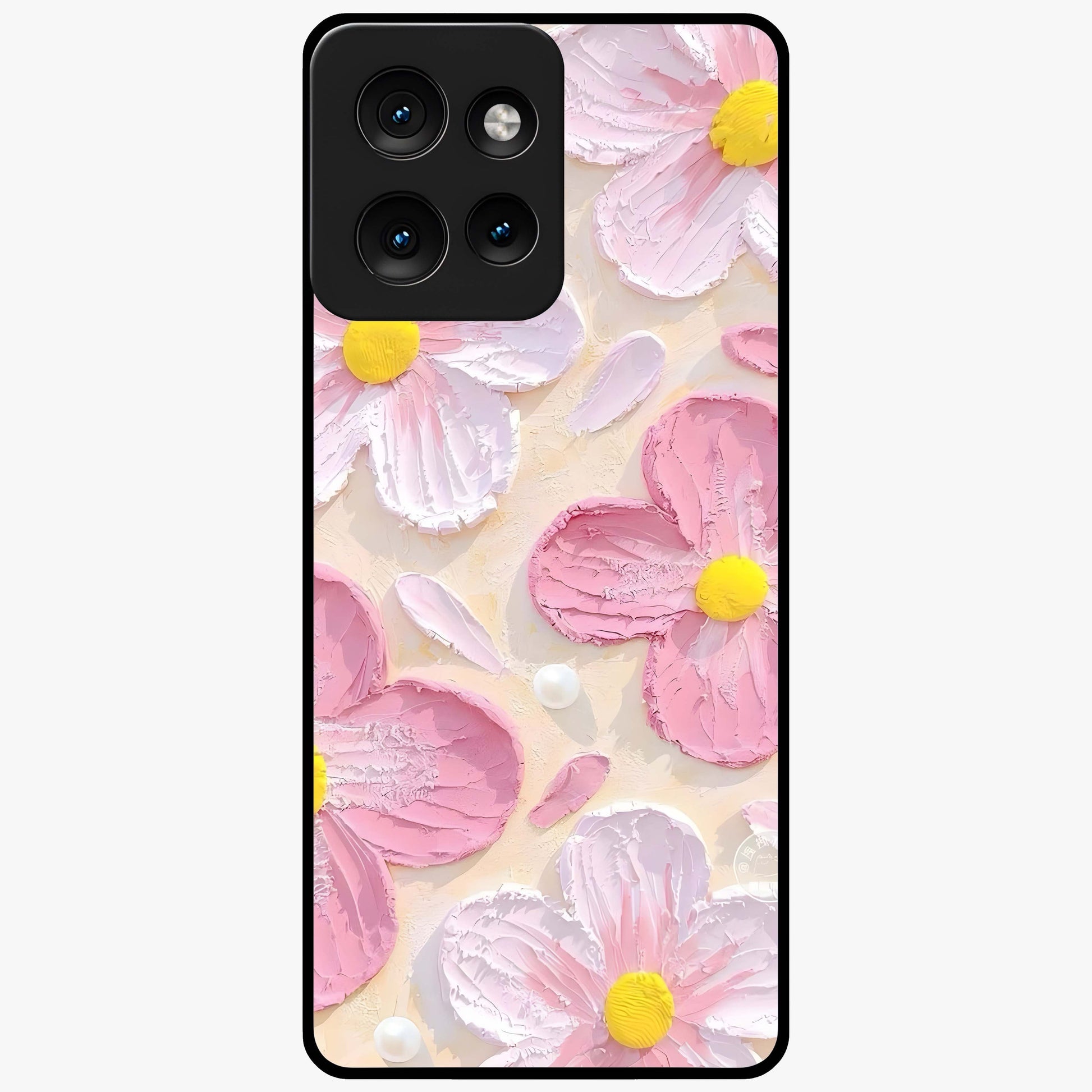 Blush Bloom Texture Glass Case showing flat back view with soft blush floral texture artwork and glossy glass finish.
