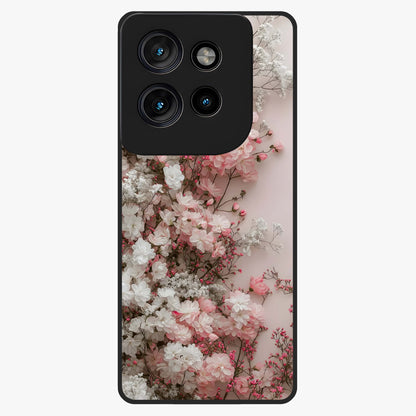 Blush Blossom Cloud Glass Case showing flat back view with dreamy blush cloud blossom artwork and glossy glass finish.