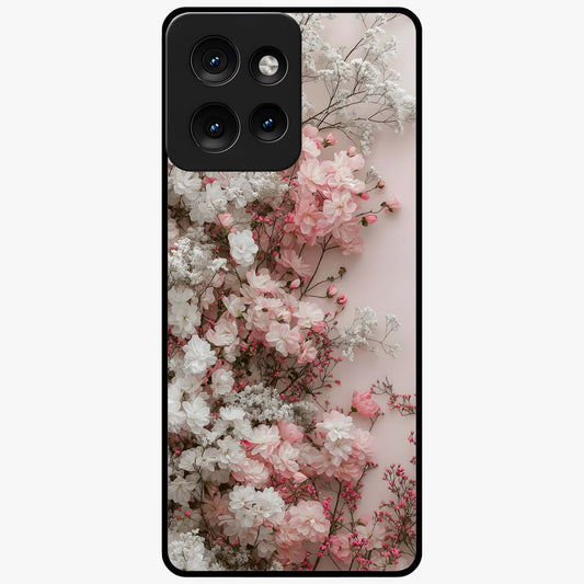 Blush Blossom Cloud Glass Case showing flat back view with dreamy blush cloud blossom artwork and glossy glass finish.
