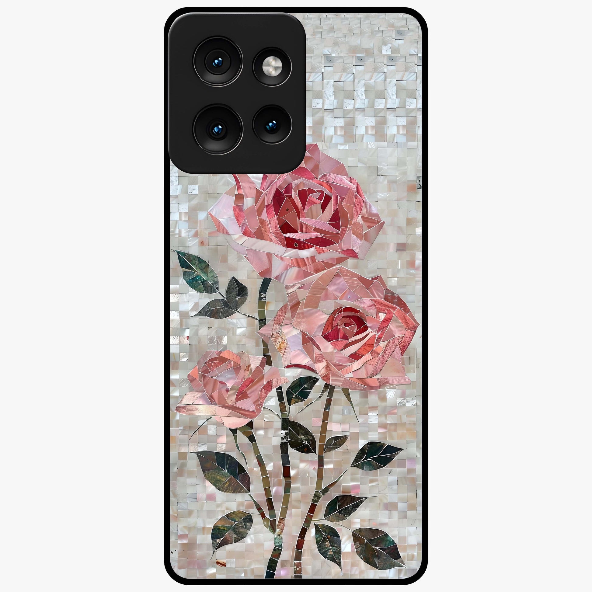 Blush Mosaic Bloom Glass Case showing flat back view with mosaic floral bloom artwork and glossy glass finish.