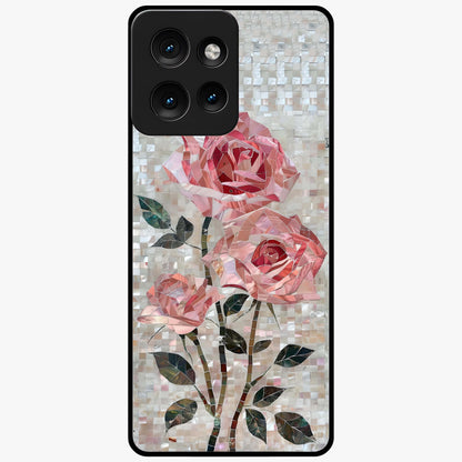 Blush Mosaic Bloom Glass Case showing flat back view with mosaic floral bloom artwork and glossy glass finish.