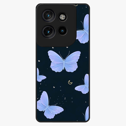 Butterfly With Stars Pattern Glass Case showing flat back view with butterfly and star pattern artwork and glossy glass finish.