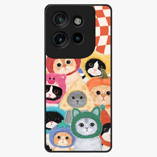 Cats in Fruits Glass Case showing flat back view with playful cat illustrations inside fruit artwork and glossy glass finish.