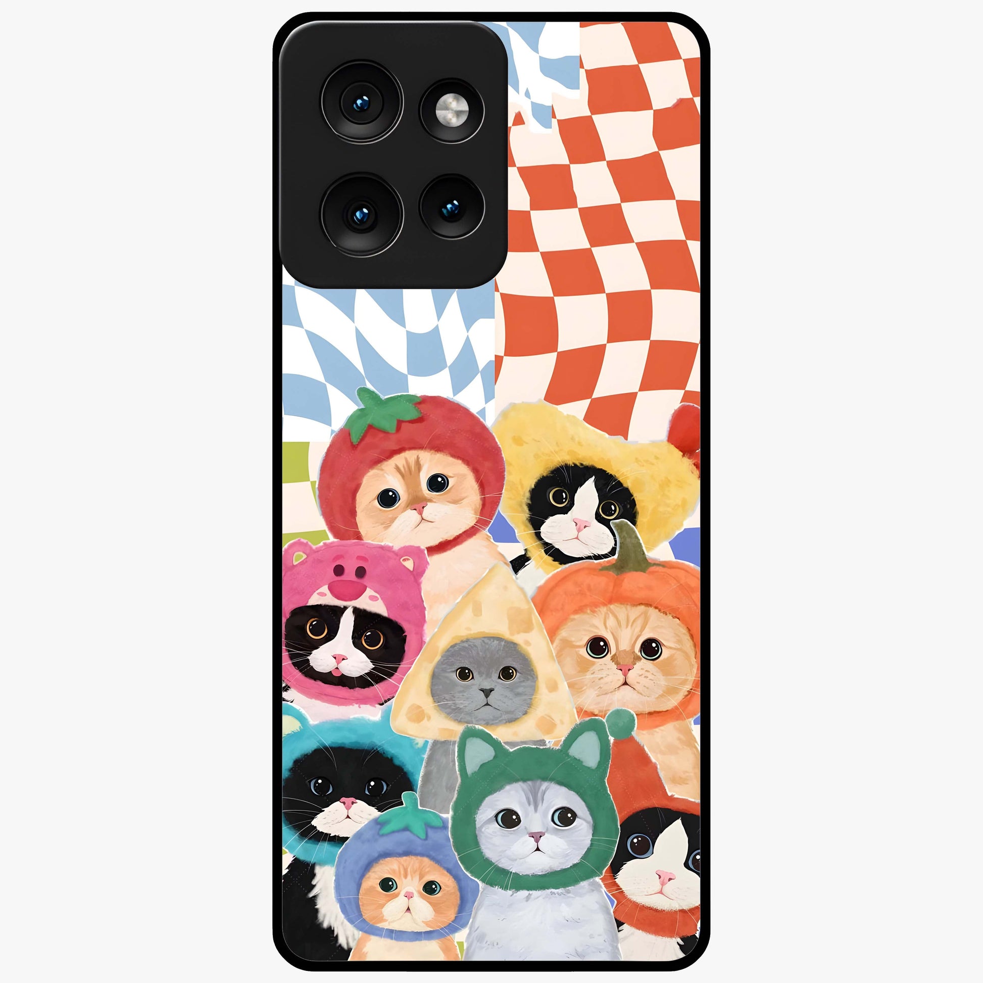 Cats in Fruits Glass Case showing flat back view with playful cat illustrations inside fruit artwork and glossy glass finish.