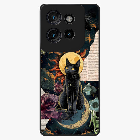 Celestial Black Cat Glass Case showing flat back view with mystical black cat artwork and glossy glass finish.