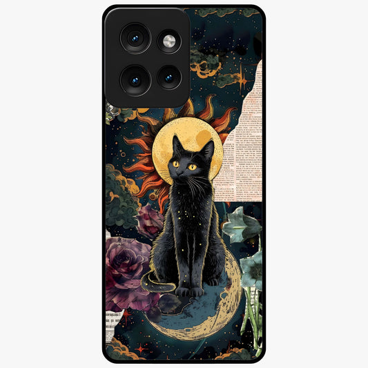 Celestial Black Cat Glass Case showing flat back view with mystical black cat artwork and glossy glass finish.