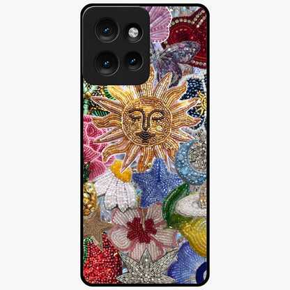 Celestial Floral and Playful Glass Case showing flat back view with floral and celestial themed artwork and glossy glass finish.