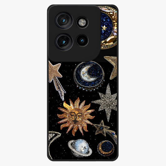 Celestial Gem Constellations Glass Case showing flat back view with sparkling constellation artwork and glossy glass finish.