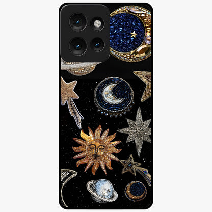 Celestial Gem Constellations Glass Case showing flat back view with sparkling constellation artwork and glossy glass finish.
