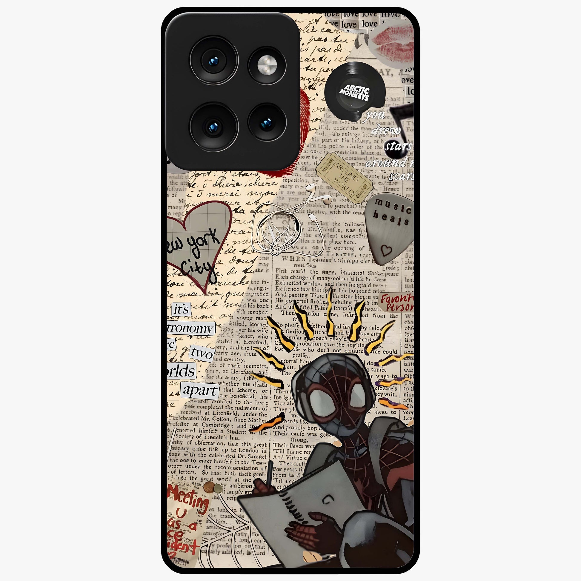 City Dream Sketch Glass Case showing flat back view with artistic city skyline sketch artwork and glossy glass finish.