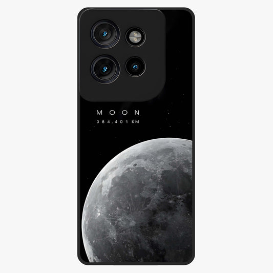 Cosmic Moon Glow Glass Case showing flat back view with glowing moon artwork and glossy glass finish.