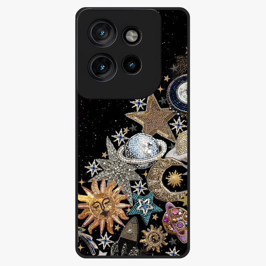 Cosmic Sparkle Dreams Glass Case showing flat back view with sparkling cosmic artwork and glossy glass finish.