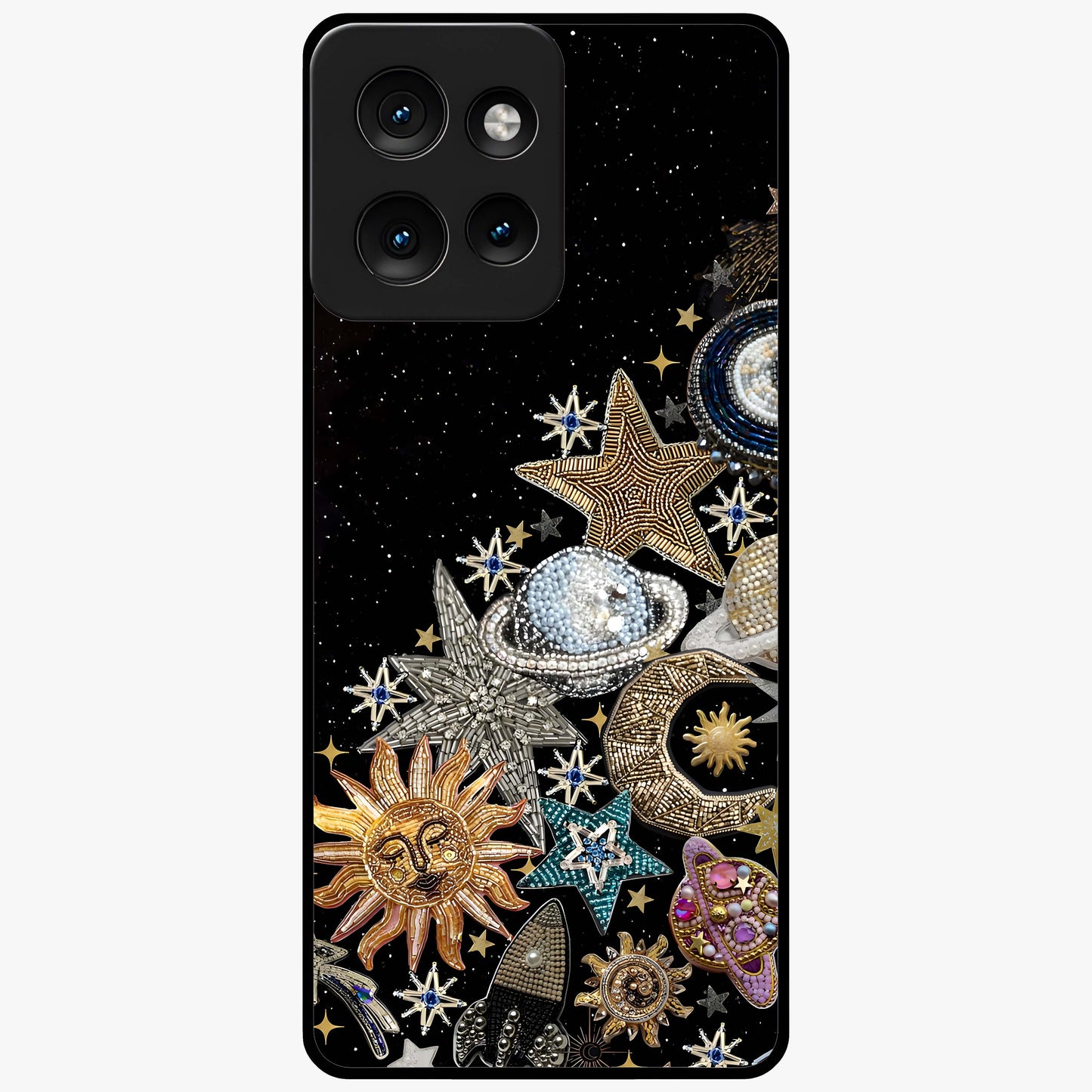 Cosmic Sparkle Dreams Glass Case showing flat back view with sparkling cosmic artwork and glossy glass finish.
