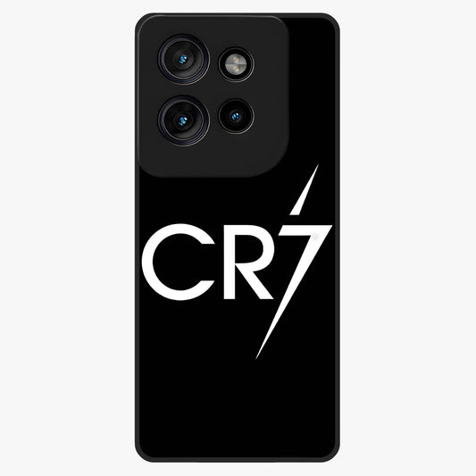 Cr7 Elite Strike Glass Case showing flat back view with dynamic football inspired artwork and glossy glass finish.